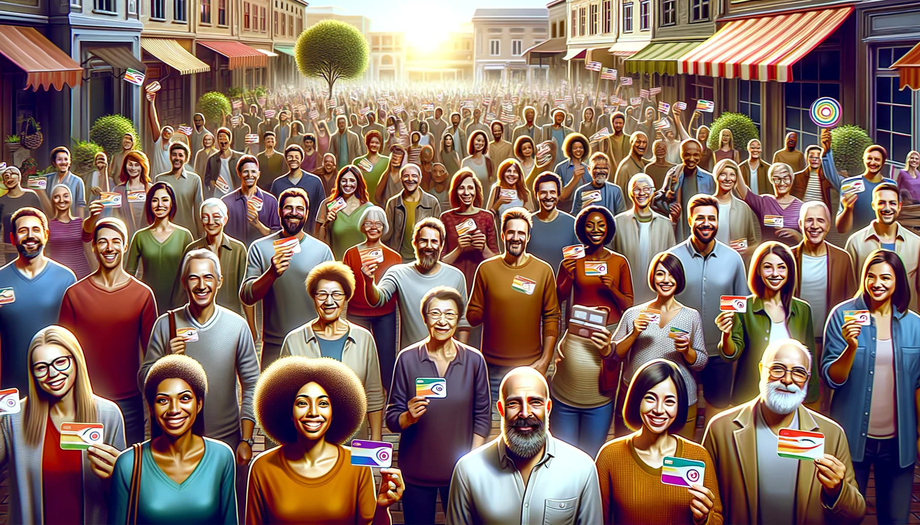 an image of a bustling community of diverse individuals, each holding a card that symbolizes their unique connection to a brand they love. This image represents the power of consumer loyalty and the various strategies that can be employed to nurture and maintain it.