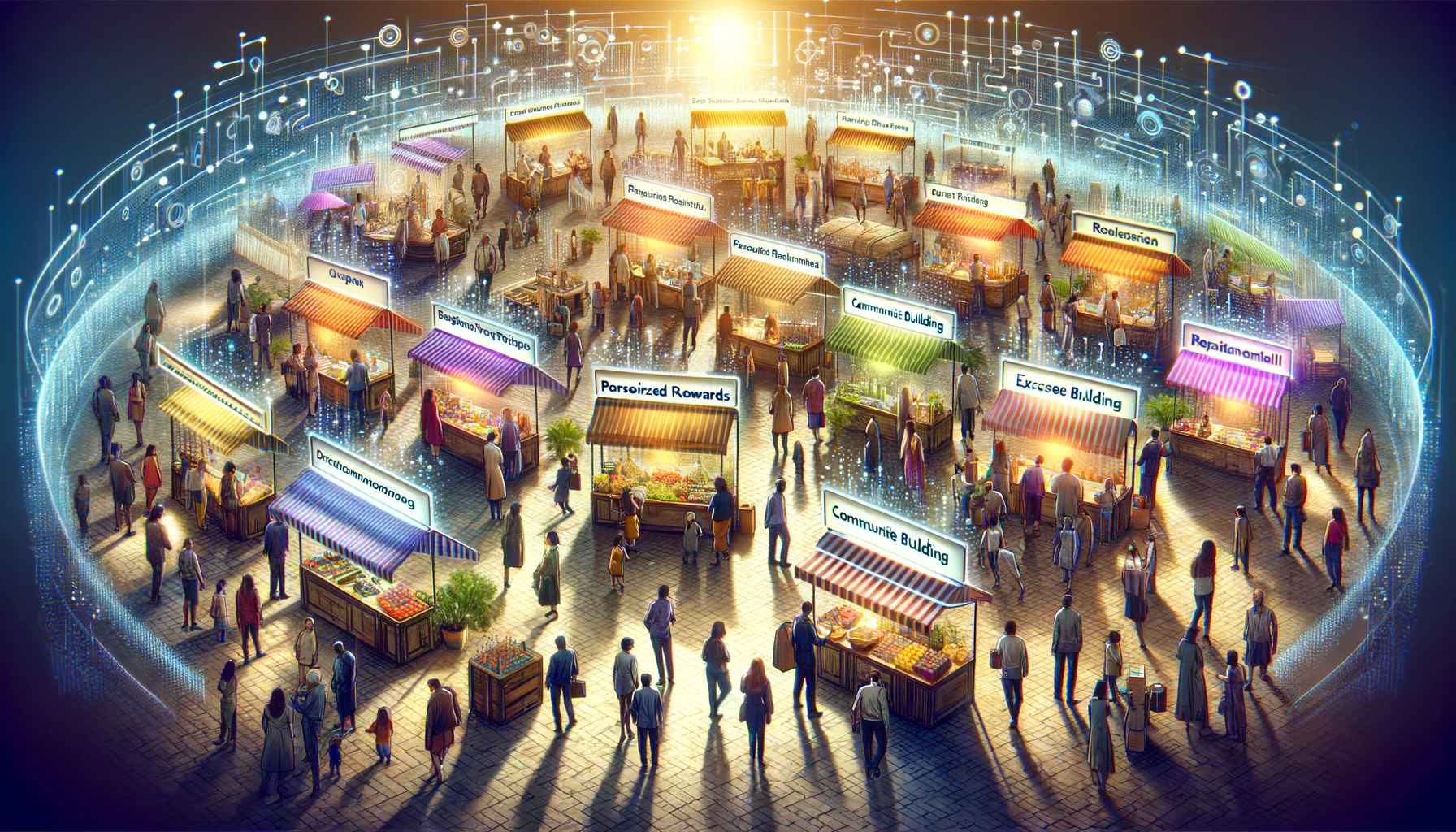 image of a bustling marketplace where each stall represents a different retention strategy. Customers are interacting with the vendors, exchanging stories, and sharing their experiences with others, symbolizing the vibrant exchange between brand and consumer that underpins successful retention strategies