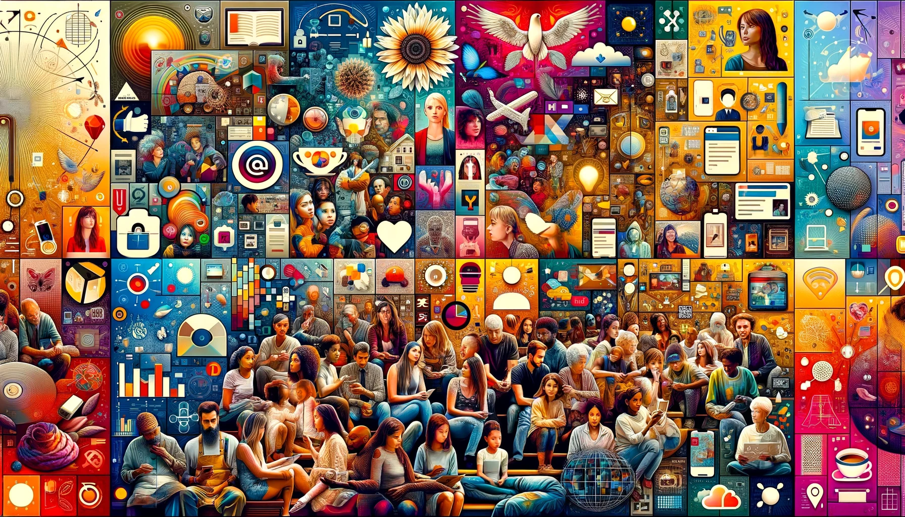 a collage showcasing a diverse group of people, each interacting with a product or service in a way that clearly reflects their personal values and cultural background. Each image is tinted with colors that evoke specific emotions, surrounded by icons representing social proof and technology, all coming together to form a tapestry of consumer loyalty