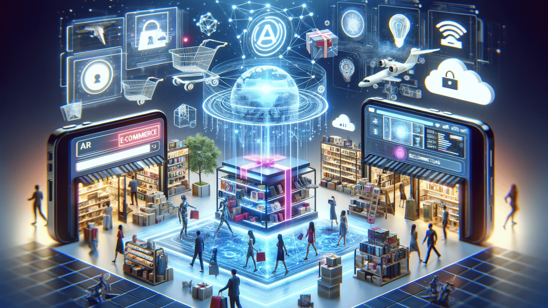 a futuristic e-commerce platform enhanced by AI, AR, and VR technologies, showcasing a seamless and interactive shopping experience.