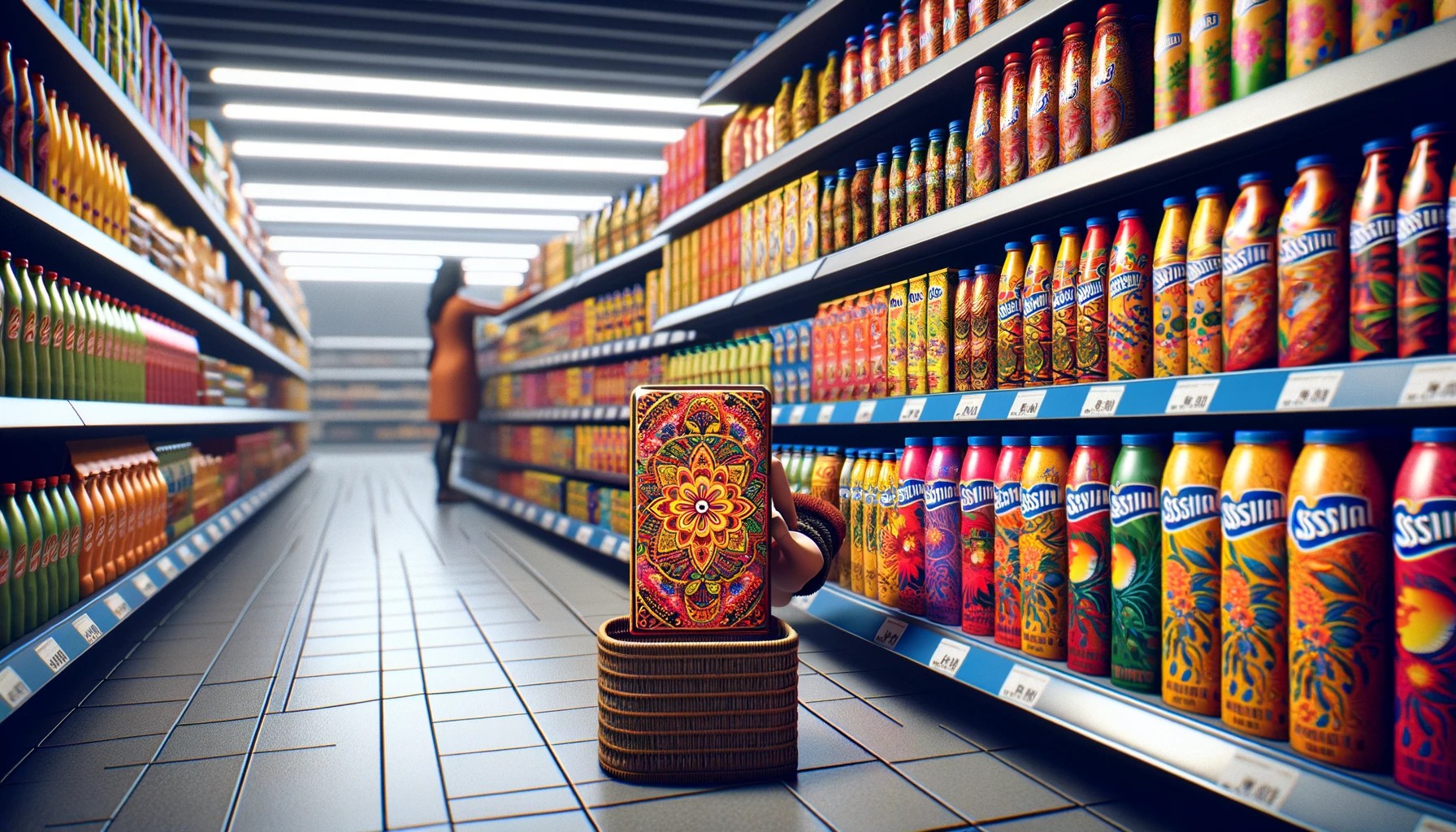 a shelf in a supermarket with various products, where one product with vibrant, culturally inspired packaging stands out prominently, drawing the attention of a consumer who is reaching out for it.