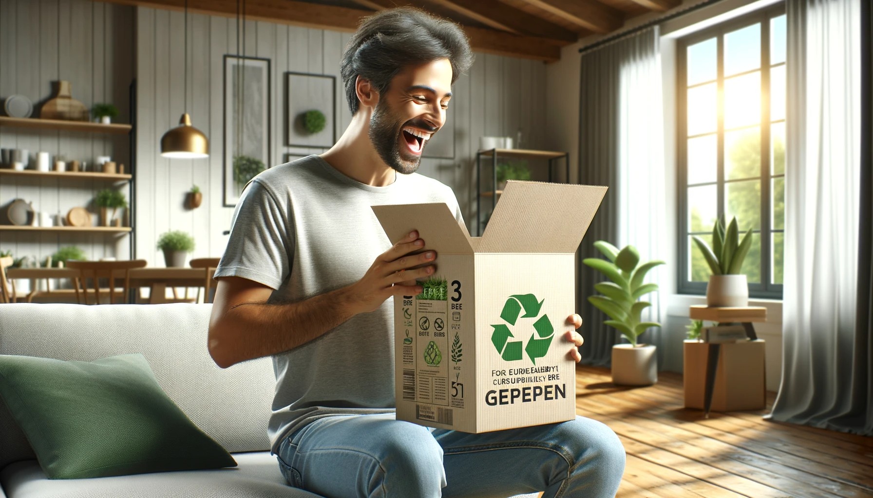 an eco-friendly package with a sleek design and a clear message of sustainability, being opened by a delighted consumer in a bright, modern living room, symbolizing the intersection of consumer satisfaction and environmental responsibility